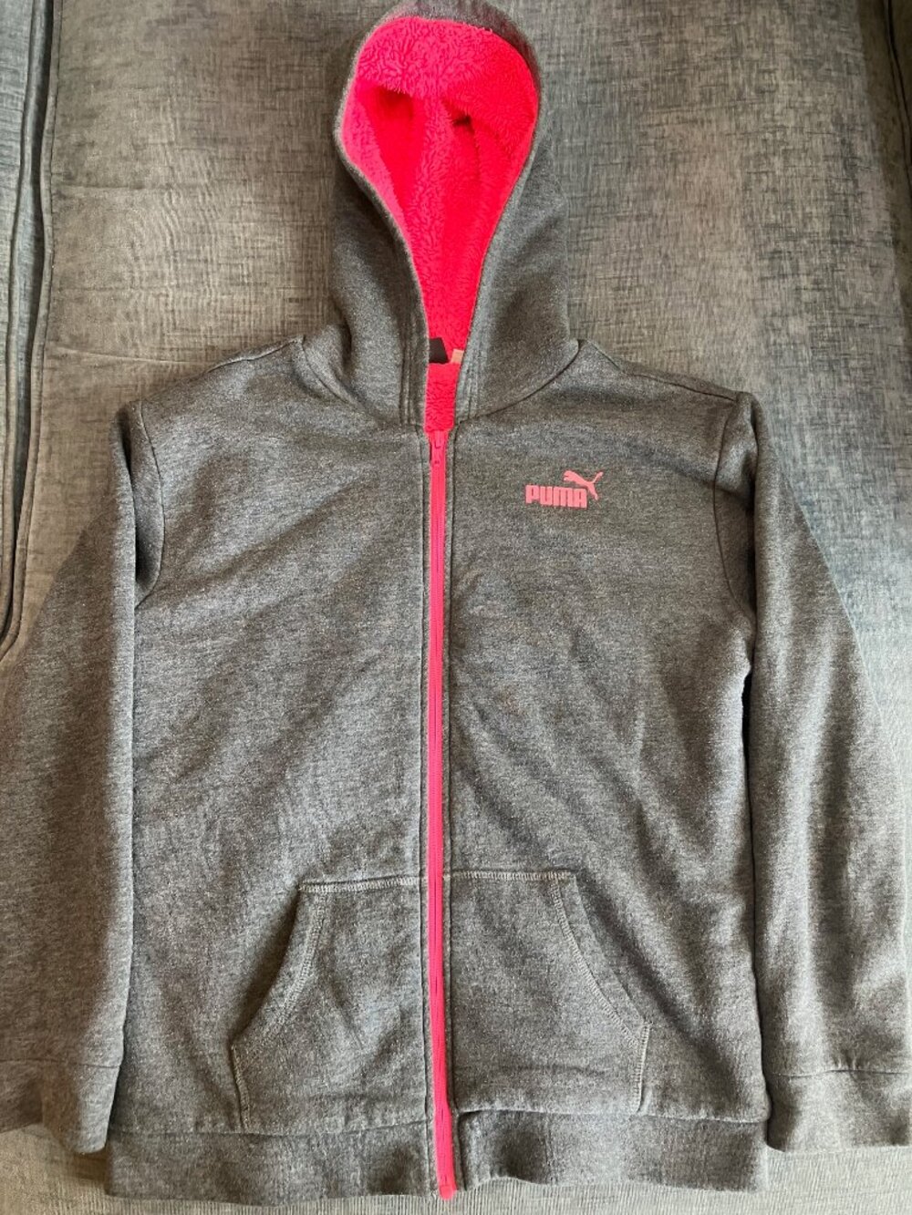 PUMA Womens XS Girls L Gray Pink Sherpa Fleece Lined Full Zip Hoodie Y2K Jacket